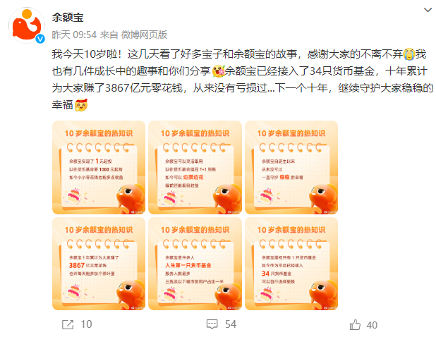 余额宝上线第十年：累计为用户赚了3867亿元